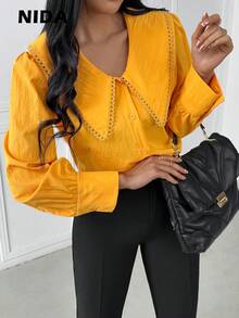 Women's Elegant Peter Pan Collar Long-Sleeved Single-Breasted Casual Shirt, Yellow Shirt - Yellow - View 3
