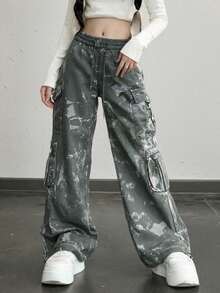 Cargo Pants For Women High Waisted Hiking Pants Baggy Stretchy Wide Leg Pant Y2K Streetwear With Pockets - 黑與白 - 查看 2