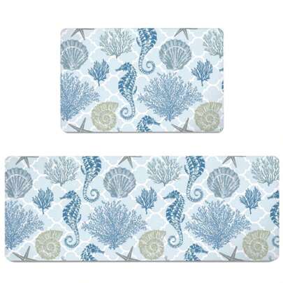 1/2/3pcs-Light Blue Oceanic Nautical Sea Creatures Pattern Bath Mat, Seahorses Shells Coral Ammonite Starfish Design, Subtle White Quatrefoil Texture, Two Sizes (Smaller & Longer) For Kitchen/Bathroom Decor-Flannel Material, Soft, Comfortable And Easy To Clean, Suitable For Bathroom, Bedroom, Kitchen, Porch, Laundry Room, Daily Decor, Three Sizes Available