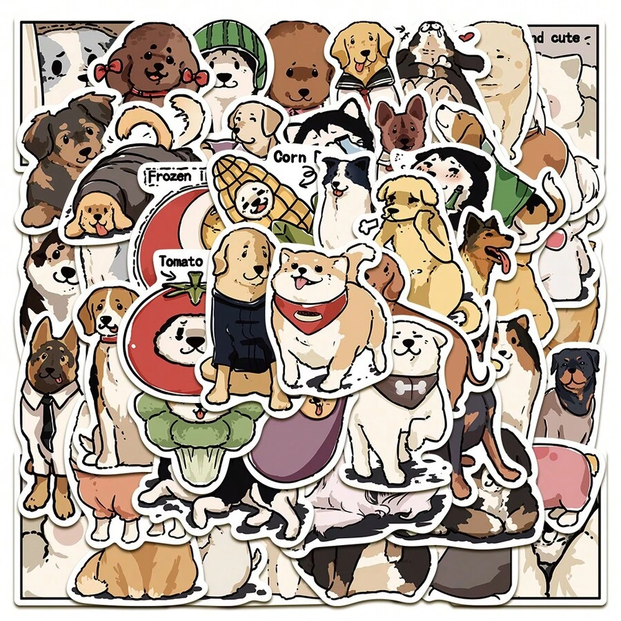 50 Peças Adesivos Decorativos de Cachorro Fofo Pintados à Mão para Capa de Celular, Laptop, Copo de Água, Carro, Bicicleta - Multicolorido - Visão 1