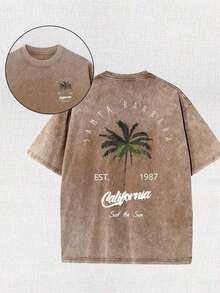 Men's Vintage California T-Shirt With Est. 1989 Palm Tree Back Print - Heavyweight Washed Cotton Short Sleeve Crew Neck Summer Shirt, Relaxed Fit Casual Beachwear Suitable For Summer Outfits & Retro Stylegraphic Tee Unisex Graphic Print Washed Short Sleeve Tee - 黃褐色 - 查看 1