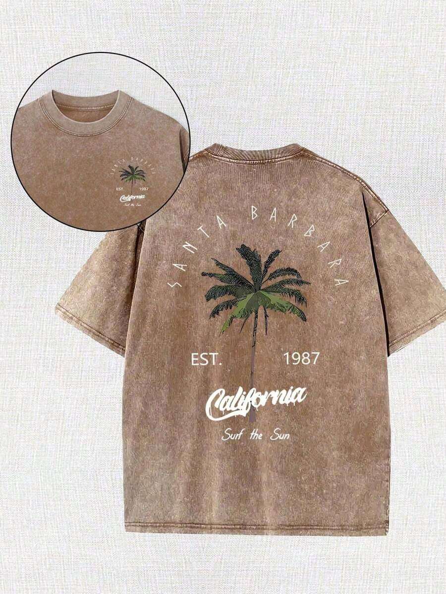 Men's Vintage California T-Shirt With Est. 1989 Palm Tree Back Print - Heavyweight Washed Cotton Short Sleeve Crew Neck Summer Shirt, Relaxed Fit Casual Beachwear Suitable For Summer Outfits & Retro Stylegraphic Tee Unisex Graphic Print Washed Short Sleeve Tee - 黃褐色 - 查看 1