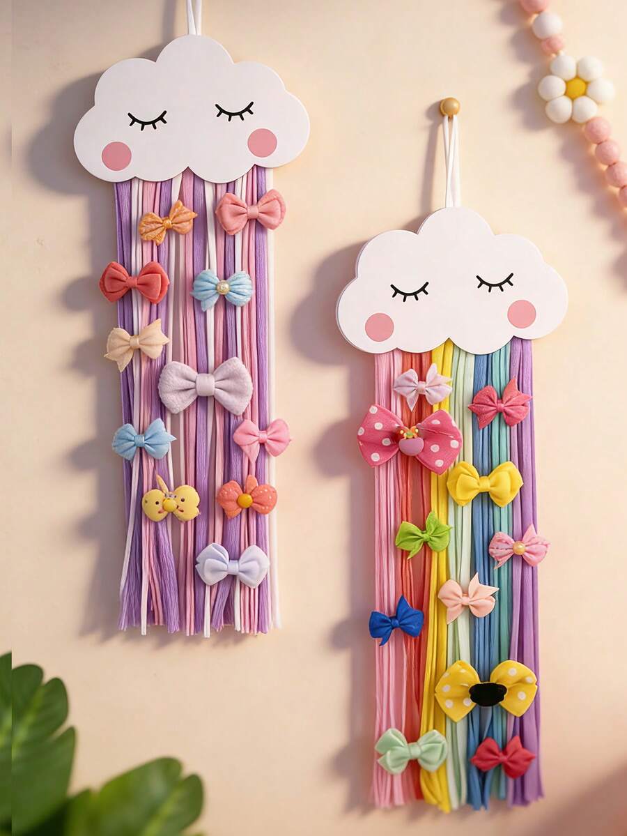1 Peça Bolsa Suspensa para Armazenamento de Presilhas de Cabelo Infantil, Bolsa de Armazenamento para Presilhas, Scrunchies e Acessórios de Cabelo de Meninas com Suporte de Montagem na Parede, Presente de Aniversário de Bebê, Presente de Batismo de Bebê - Branco - Visão 1