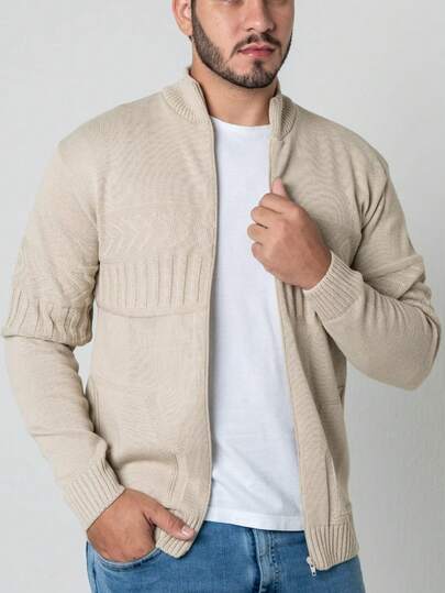 Cardigan Masculino de Tricô com Zíper e Bolso Blusa de Frio Inverno