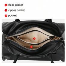 Genuine Leather Black Duffle Bag, Women's Fashion Minimalist Shoulder Bag, Versatile Convertible Top Handle Commuter Purse With Metal Accent - màu đen - Xem 3