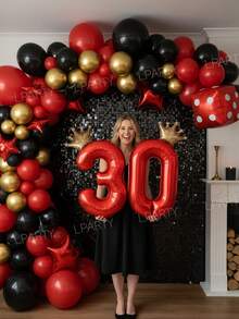 12pcs/Set Red & Gold Birthday Balloon Set – Includes 32-Inch Red Number Balloons 0-9, Mini Gold Crown Balloons, 10-Inch Gold & 10-Inch Metallic Gold Latex Balloons – Suitable For Casino Theme Birthday Party Decoration - Red Numbers - View 4