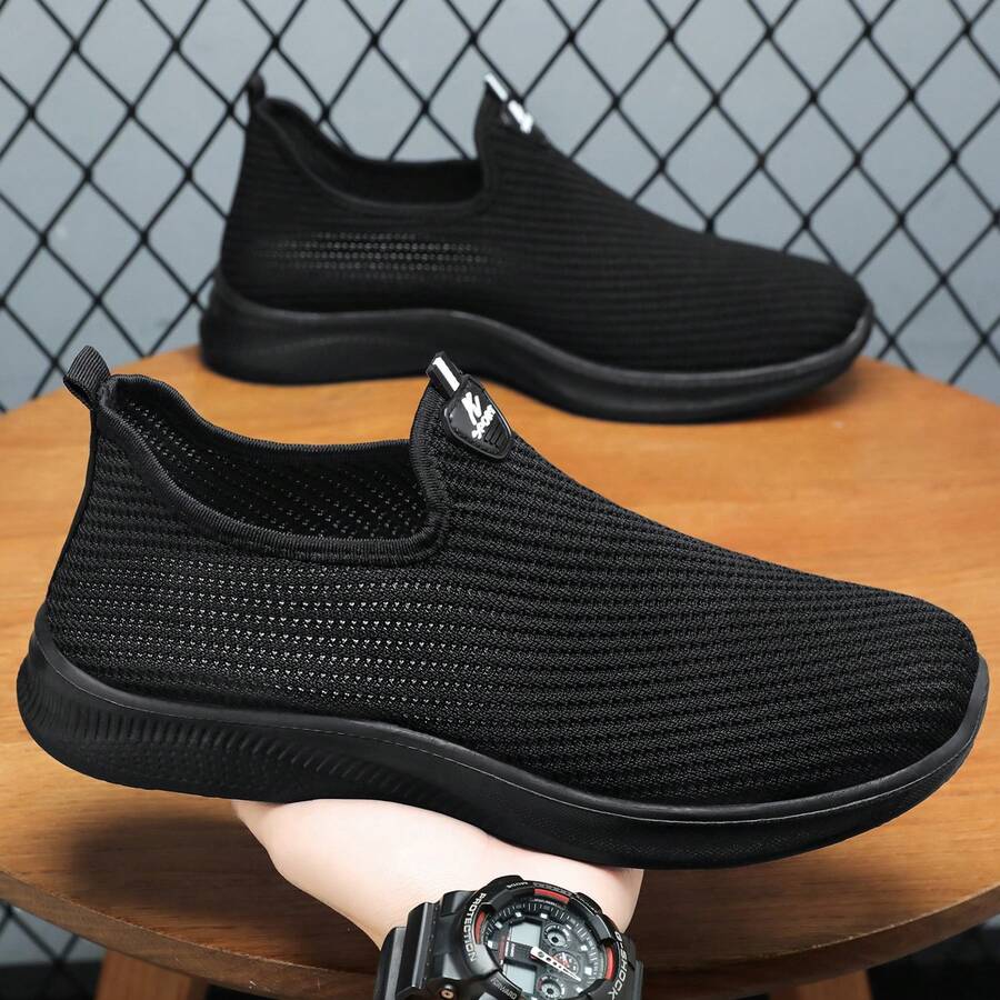 New Spring Men's Knitted Mesh Breathable Running Shoes, Versatile Slip-On Sports Sneakers - Black - View 1