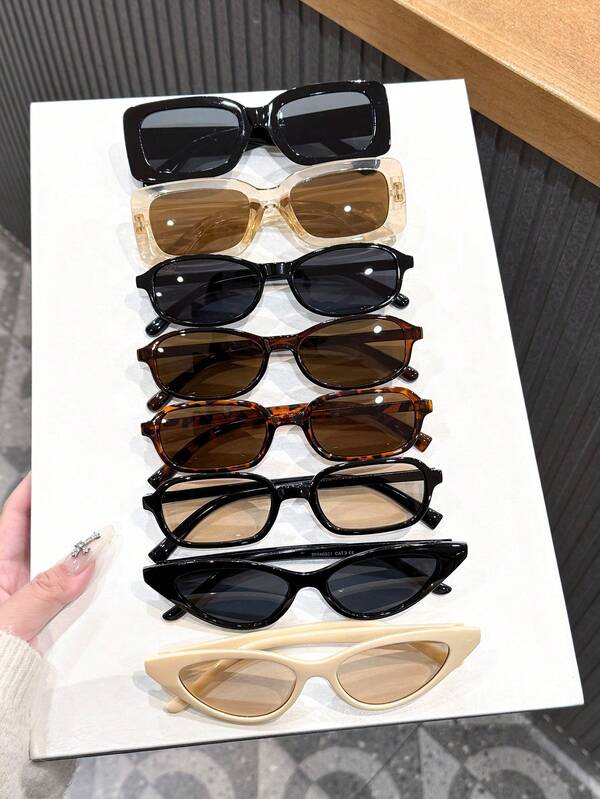 8pcs Vintage Fashion Multi-Frame Glasses Set, Featuring Sleek Rectangle, Retro Cat-Eye And More Styles In Cool Black, Tortoiseshell, Champagne And Other Textures. Lightweight Material For Comfortable All-Day Wear. Fashionable Glasses Set For Women, Suitable For Daily Outfits, Beach Vacation, Holiday Gifts, Parties And Gatherings