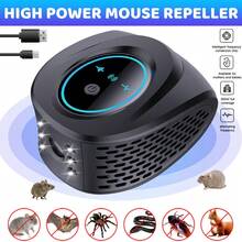 Repelente ultrasónico de plagas, repelente electrónico de roedores con alimentación USB, para interiores y exteriores, para ardillas y ratas, y para arañas en áticos, casas, garajes, sótanos y almacenes. - Negro - Ver 10