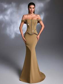 A Khaki Rhinestone-Embellished Off-Shoulder Ruched Short Sleeve Waist-Cinching Peplum Satin Lace-Up Mermaid Train Elegant Luxury Evening Gown - Khaki - View 3