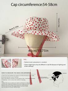 波点宽檐渔夫帽，适合大头围，款式时尚，复古格纹贴花撞色抽绳宽檐渔夫帽，波西米亚风春夏度假遮阳帽，亮色系单色调搭配，系带防晒帽，旅行防紫外线 - 彩色 - 查看 5
