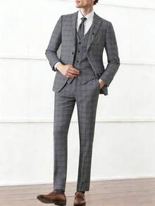3 piezas Conjunto de traje a cuadros para hombre, que incluye chaqueta, chaleco y pantalones, de estilo minimalista y de moda, para uso casual diario - Gris - Ver 2