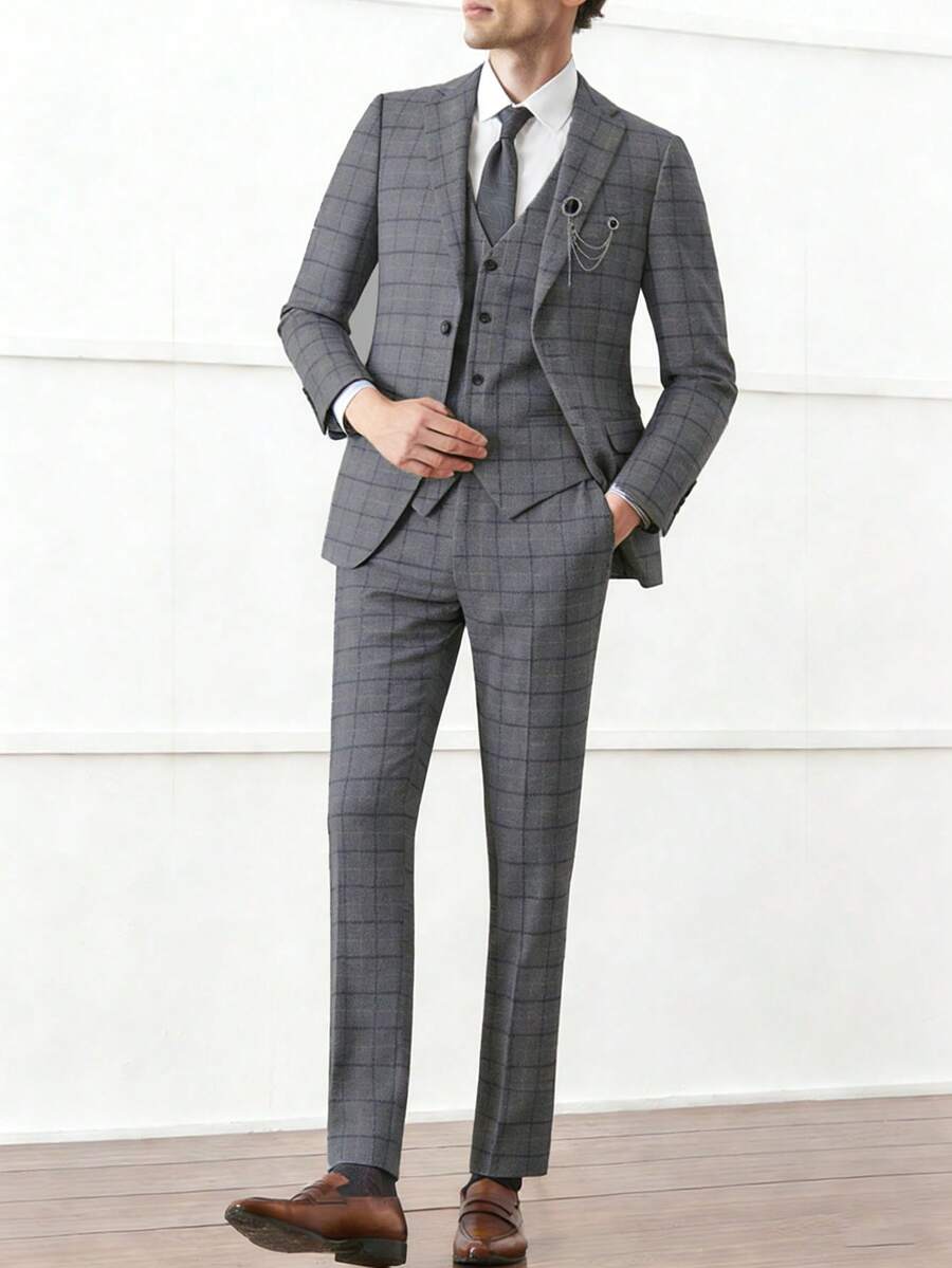 3 piezas Conjunto de traje a cuadros para hombre, que incluye chaqueta, chaleco y pantalones, de estilo minimalista y de moda, para uso casual diario