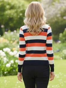 Women's Cold Weather Blouse | Women's Striped Long Sleeve Blouse | Striped V-Neck Blouse | Stripes - 珊瑚橙 - 查看 3