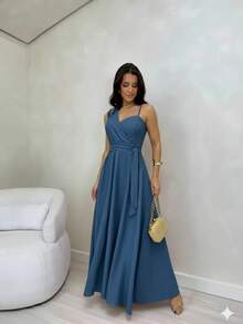 Women's Long Dress With Crossover Neckline And Elasticated Cups – Elegant For Parties, Weddings, And Special Events - Xanh đậm - Xem 2