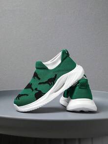 1 Pair Kids Sneakers, Knitted Cartoon Pattern Socks Shoes, Easy To Wear, Lightweight Breathable Running Shoes, Fashionable Mesh Design For Students - Green - View 7