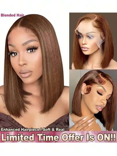 200% 密度 34 英寸 5*5 13*4 #4 巧克力棕色直发蕾丝前假发，逼真发际线 - 预剪、预拉、预熨烫高清透明蕾丝前假发，无需胶水 - 耳到耳预拔毛预漂白巴西原生人发前假发，无需胶水，易于佩戴，中分假发，前额无胶编织假发，适合女性日常佩戴，混合发质