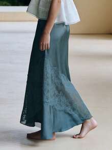 Women's Long Skirt Casual Lace Patchwork Solid Color Stylish Mid Rise Skirt For Spring And Summer - Peacock Blue - View 5
