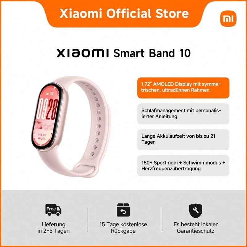 Xiaomi Smart Band 10 - 1,72" AMOLED Display mit Symmetrischen, Ultradünnen Rahmen | Hochglänzender Rahmen aus Aluminiumlegierun | Armband mit Glaskristallen | Exklusives Ziffer Blatt | Verbessertes Schlafmanagement mit Personalisierter Anleitung | Lange Akkulaufzeit von bis zu 21 Tagen | Mehr als 150 Sportmodi mit Erweitertem Schwimmmodus und Herzfrequenzübertragung - Mystische Rose - Übersicht 1