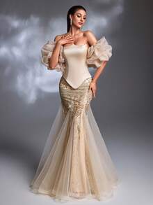 香槟色缎面亮片刺绣方领泡泡袖薄纱鱼尾拖尾宫廷奢华晚礼服婚纱 - 香檳色 - 查看 6