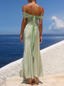 Women Polka Dot Satin Maxi Dress Off Shoulder Tie Back Long Tube Dress Elegant Silk Dresses Cocktail Evening - 綠色 - 查看 3
