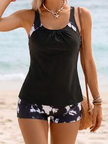 Áo tankini hai dây họa tiết hoa nhí thời trang dành cho nữ kèm quần short, trang phục đi biển gợi cảm, cỡ trung bình, chất liệu co giãn, màu đen, thích hợp cho kỳ nghỉ hè. - màu đen - Xem 2
