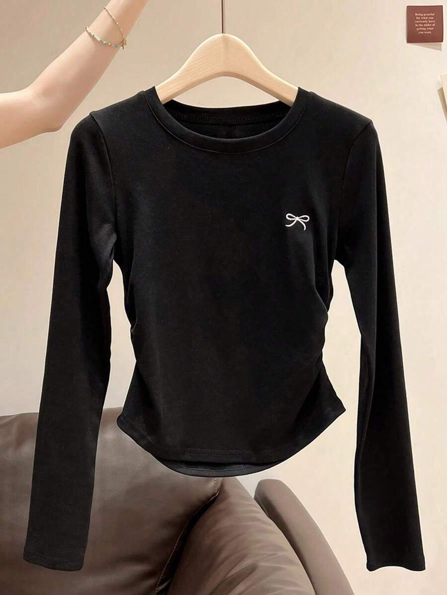 Girls' Yellow/Apricot Long Sleeve T-Shirt With Embroidered Bow Design, Versatile Casual Tee For Girls, Suitable For Spring, Summer, Autumn, Winter - Black - View 1