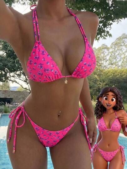 Women's Swimwear Bikini, Cute Pink Floral Beach Outfit Swimwear Sports Shorts Crop Top Fashionable Set/Outgoing Outfit/Birthday Outfit/Casual Wear/Y2K/2000s/Millennium Outfit/Elegant/Old Money Style/Streetwear/Holiday Music Festival Outfit/Girls Beach Wear 2026 Summer