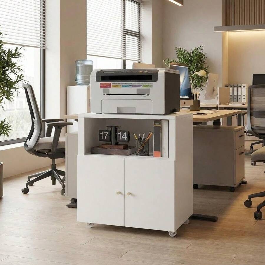 Archivador de metal blanco resistente con soporte para impresora, 2 puertas, estante ajustable y ruedas, con cerradura, para debajo del escritorio, tamaño carta/legal/A4, doble capa. - Blanco - Ver 1