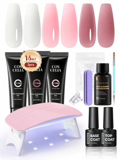  COSCELIA Nail Extension Gel Kit With UV Lamp, 3 Colors 16ml Polymer Nail Gel, Base Coat And Top Coat, Nail Degreaser, Complete Manicure Tools For Beginners