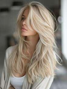 Ombre Blonde Layered Straight Wigs Dark Roots With Bangs Shoulder Synthetic Fashion Style Lightweight Beginner Friendly Wigs For Woman Daily, Party, Valentine'S Day, Carnivals, Music Festival And Cosplay Used - 漸層 - 查看 2