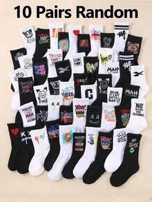 20 pares de calcetines casuales para niños, diseños aleatorios de arte callejero y letras, unisex, base negra y blanca, transpirables para uso diario, calcetines urbanos para niños, estilos de graffiti surtidos - Multicolor - Ver 9