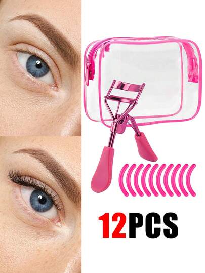 12pcs Portable Eyelash Curler Set, 1pc Stainless Steel Eyelash Curler In Rose Red, 10pcs Pink Silicone Replacement Pads, 1pc Pink Frame Transparent Multifunctional Cosmetic Bag, Suitable For Eye Makeup, Curling And Shaping Eyelashes Without Damaging, Creating Bigger Eyes Look, For Women, Eyebrows, Makeup, Affordable Price, Room Decor, Vanity, Travel, Bedroom, Makeup Accessories