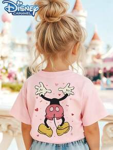 Mickey Mouse Heart Design One Cute Disney Fresh And Fashionable Round Neck T Shirt For Girls Made Of 100 Cotton Is An Ideal Choice For Daily Wear Vacation Leisure Outdoor Exploration School Life And Shopping Trips It Is A Must Have Item For Summer It Is Also An Excellent Gift For The Same Boy And Girl Every Child Deserves One - Pink - View 2