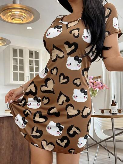  Camisón de manga corta, cuello redondo, informal y suave de Hello Kitty de Sanrio, de poliéster, adecuado para primavera/verano