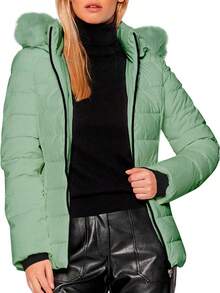 Shendy Vendy Women's Jacket Warm Polyester With Fur-Like Collar - 水鴨藍 - 查看 3