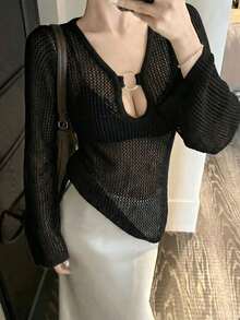 Sexy Black Chic Hollow Out Flare Sleeve Knit Sweater Top With Ring Design, Suitable For New Year, Vacation, Outing, Commute, Date - Black - View 1