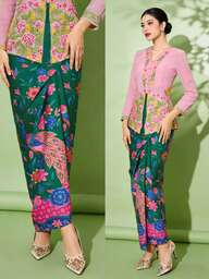 1pc Women's Floral Print Elegant Mid-Length Dress, Green, Spring/Summer