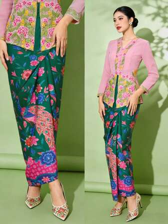 1pc Floral Print Elegant Nyonya Kebaya Skirt For Women, Green Skirt (Top Not Included), Spring/Summer