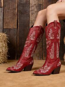 Red Cowgirl Outfits For Women Boots  Knee High Pointed Toe Thick Heels Festival Shoes Fashion Country Concert Combat Boots For Women - Đỏ - Xem 4