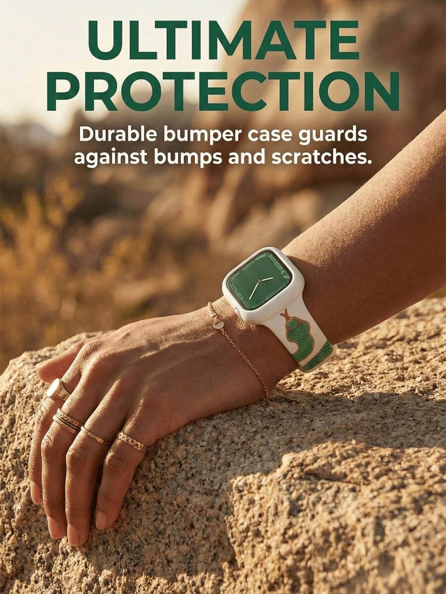 1Set White Green Silicone Watch Strap & Watch Case Compatible With IWatch 38mm 40mm 41mm 42mm 44mm 45mm , Wild Luxury Style Fashion Smart Watchband & Watch Protective Cover Compatible With Apple Watch Series 8 7 SE 6 5 4 3 2 1, Unisex White Watch Band & Watch Accessories Compatible With IWatch - Green - View 1