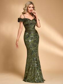 女士优雅亮片拼接吊带V领褶皱美人鱼伴娘礼服，性感修身晚礼服，适合春季婚礼 - 橄欖綠 - 查看 4