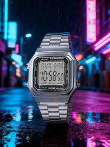 Casio 男女通用时尚电子表，复古不锈钢表带方形表盘，带日历、闹钟和计时功能，日常防水，休闲佩戴，玫瑰金复古表盘，金色/玫瑰金/银色可选，饰有小巧的金属方形设计 - 黑色和銀色 - 查看 6