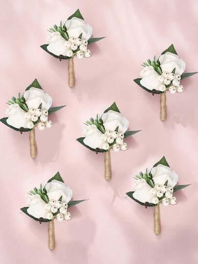 6pcs White Rose Boutonniere For Men, Groomsmen Lapel Flower, Berry Decor Artificial Flower, Suitable For Wedding/Prom/Homecoming Decoration