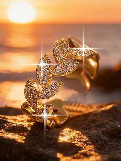 1pc Elegant Vintage Leaf Cubic Zirconia Engagement Rings, Girls' Daily Decorative Jewelry, Suitable For Women's Carnival, Birthday Party, Versatile