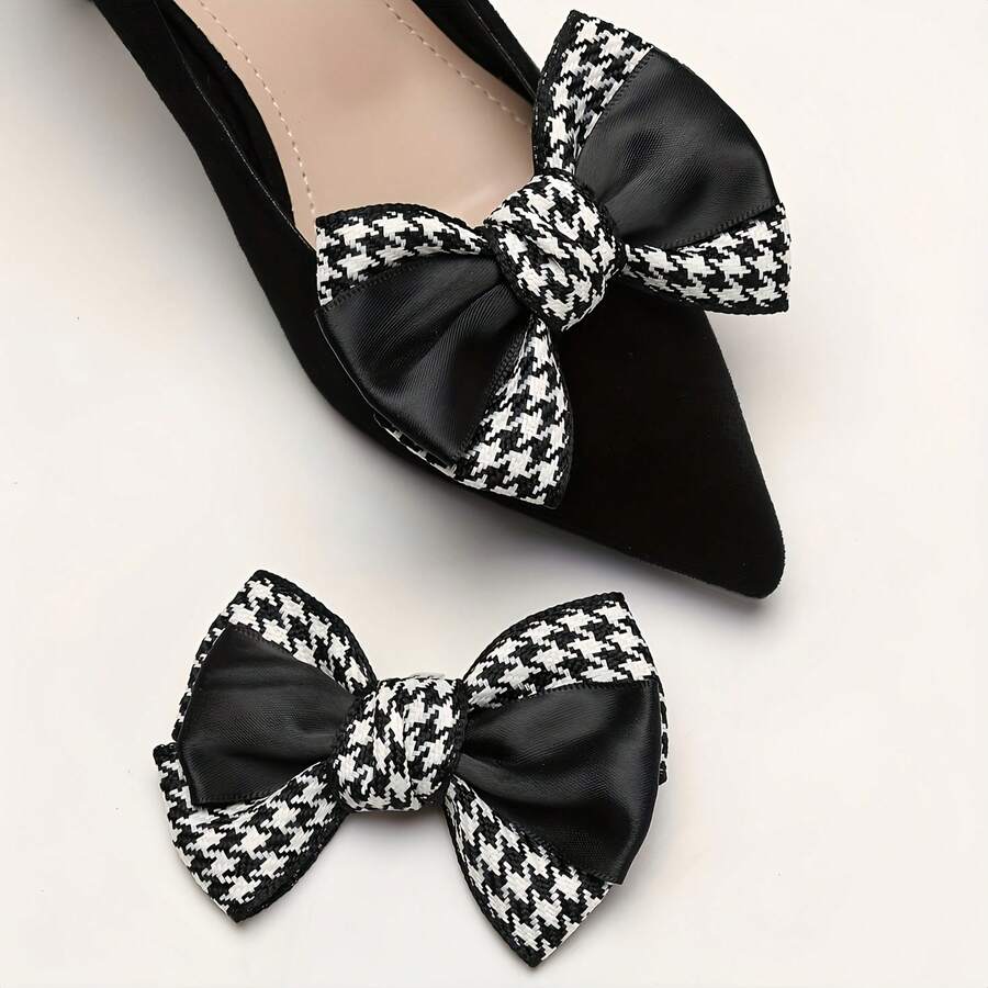1 Pair Fashionable Black Houndstooth Pattern Detachable Shoe Clips, Suitable For Wedding, Party, High Heels - Multicolor - View 1