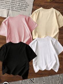 4pcs Girls Comfortable Short Sleeve T-Shirts, INS Style Sweet Bow & Cherry Print, Children Casual Versatile Tops Set - Apricot - View 2