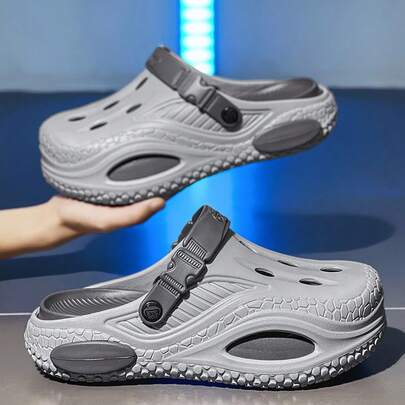 Solid Color Casual Hollow Beach Shoes Men's Sandals EVA Breathable Slippers, Comfortable Slip-On Slides, Anti-Slip, Suitable For Summer Outdoor, Beach, Driving, Sports