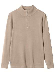 Men's Solid Color Long Sleeve Casual Versatile Zip-Up Stand Collar Sweater, For Fall Winter - Camel - View 5