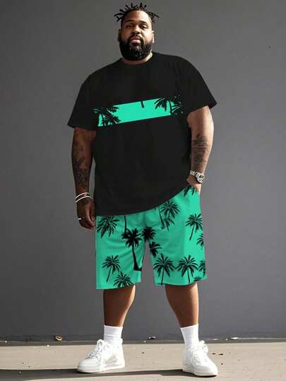 2pcs Plus Size Men's Set, Includes Short Sleeve T-Shirt And Shorts, Very Suitable For Casual Summer Beach Outfits, Cozy Outfits